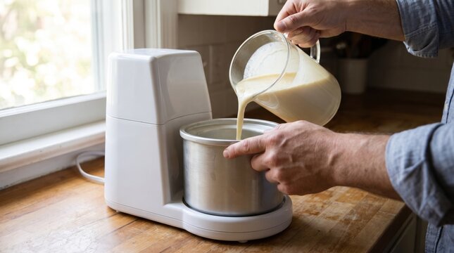 Person pouring liquid mixture from glass pitcher into home ice cream maker