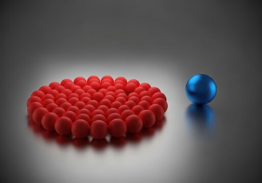 A single distinct blue sphere is noticeably separated from a large, dense, uniform cluster of red spheres, highlighting difference and loneliness, difference, contrast, blue