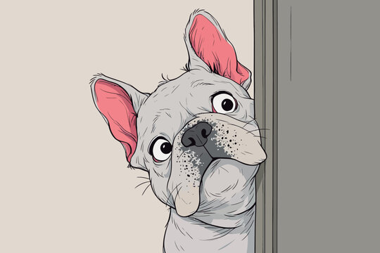 A charming illustration of a French Bulldog playfully peeking over a wall.