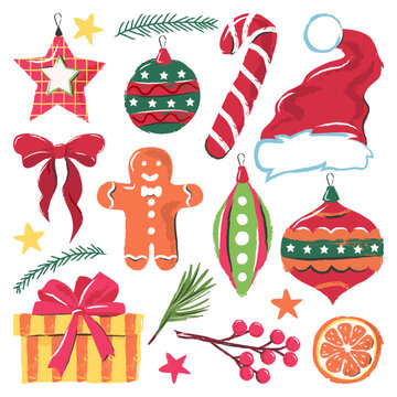 Vector watercolor Christmas set of festive icons. Winter holiday design elements with santa hat, gingerbread, gift box