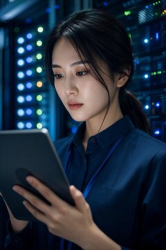 Female IT engineer reviews security logs on a tablet computer in a high-tech datacenter, performing network diagnostics to ensure robust cybersecurity.