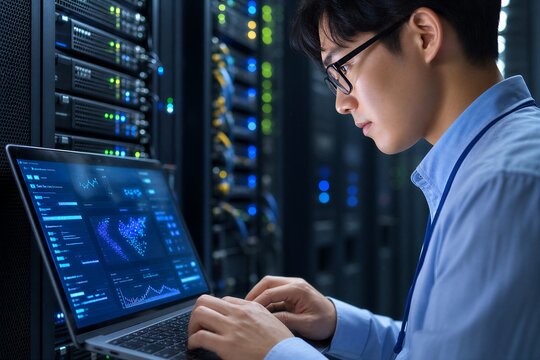 IT engineer uses a laptop to monitor server equipment in a datacenter, performing software diagnostics for stable infrastructure and optimal system performance.