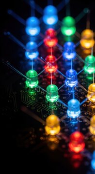 Vibrant macro shot of luminous diodes on a circuit board surface emitting a bright spectrum of colorful rays and intense electrical glow, science, components, circuit
