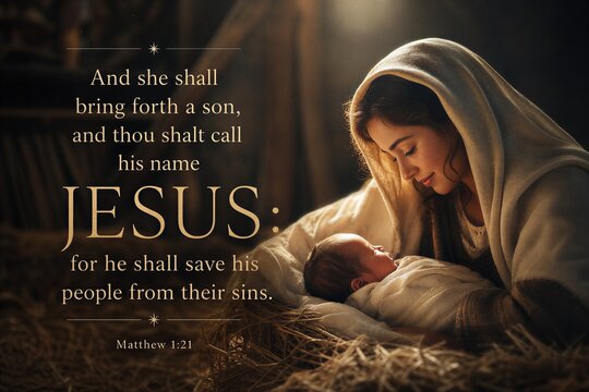 Infant Jesus Christ Nativity with Mary and Joseph, Salvation from Matthew 1:21 Scripture