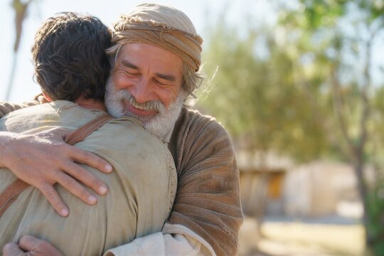 A tender and emotional father embracing his son, symbolizing forgiveness and a joyful homecoming. This candid moment radiates unconditional love under luminous golden hour light.