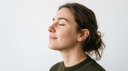 Naklejka premium Young woman with eyes closed and a slight smile, appearing to be in a moment of peace and reflection