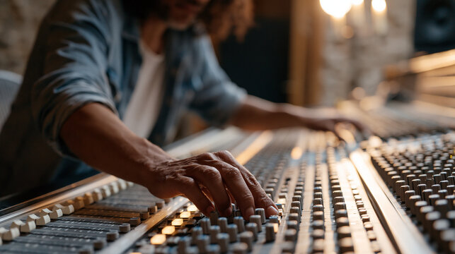Sound engineer adjusting mixing board faders inside a professional recording studio at midnight, rows of backlit sliders, acoustic foam walls, focused technician, music
