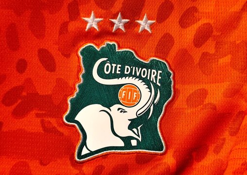 Photo of the embroidered emblem of the Ivory Coast national football team&rsquo;s 2026 home kit. 