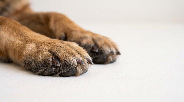 Close up of a dog's paws with sharp claws resting on a light colored surface