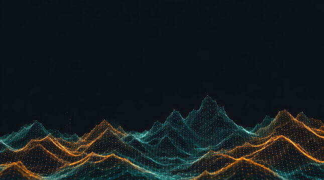 Digital mountain range with teal and orange wireframe peaks glowing on dark technology background for banner design