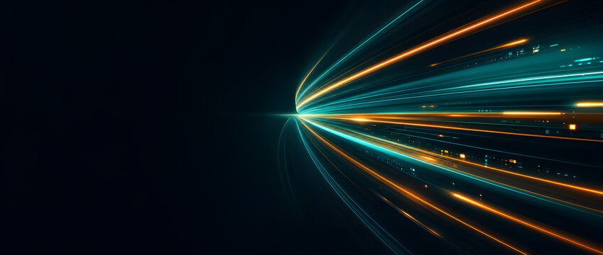 Teal and orange light speed streaks converging toward glowing horizon in futuristic digital tunnel scene background