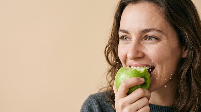 Woman biting into a juicy green apple with water droplets splashing