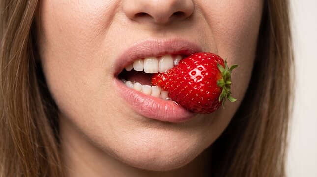 Close up of a woman biting into a juicy red strawberry with her teeth