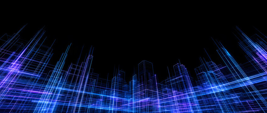 Blue wireframe city skyline rising above glowing grid floor in futuristic digital night scene background design