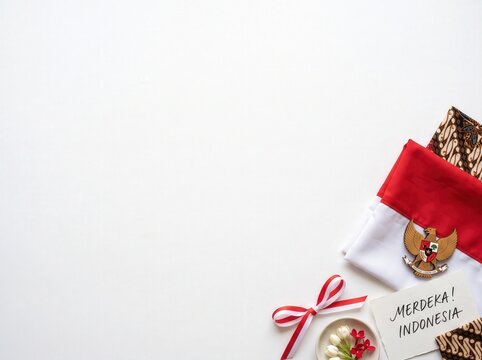 Independence Flat Lay with Flag, Garuda Emblem, and Merdeka Indonesia Greeting Card