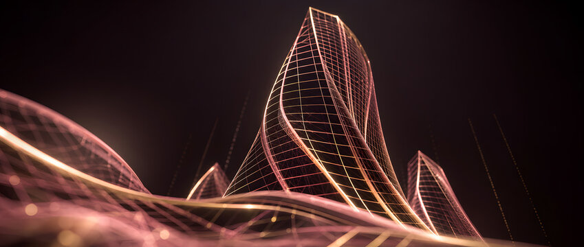 Golden pink skyscraper wireframe curves upward against dark sky in futuristic architecture scene background element