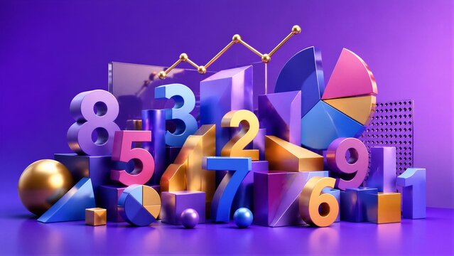 Colorful three dimensional numbers and charts on purple backdrop