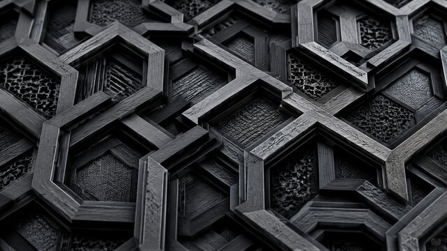 Interlocking hexagonal wood frames forming geometric pattern