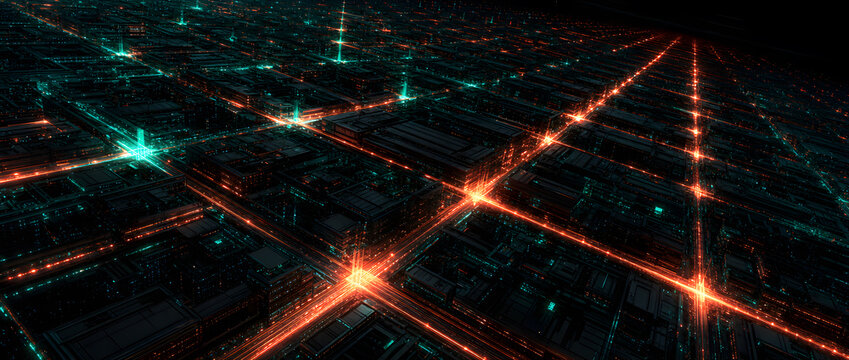 Aerial digital city grid glows with red and teal intersections across dense futuristic buildings background design