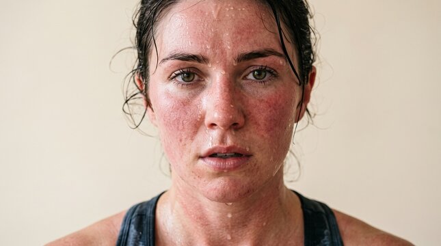 Woman with flushed face and sweat after intense workout showing exertion and fatigue