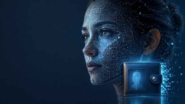 Female face overlaid with digital data near virtual wallet interface