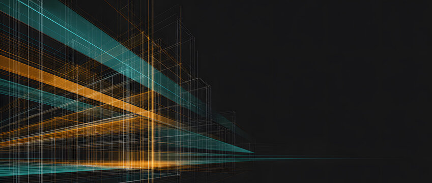 teal orange wireframe city buildings rise beside empty dark copy space background design template banner