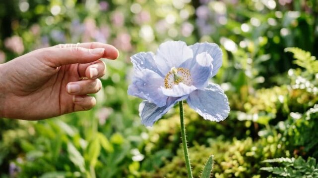 A delicate light blue flower unfurls petals under a gentle human touch in a lush garden setting