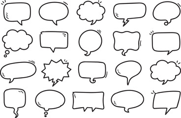 Fototapeta premium Hand Drawn Comic Speech Bubble Set with Cartoon Talk Balloons Thought Clouds Chat Boxes Doodle Communication Icons and Sketch Vector Illustration Collection