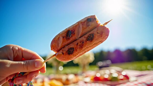 Grilled hotdog on a stick held in a hand against a bright blue sunny sky during an outdoor picnic