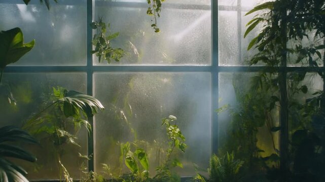 Steaming glasshouse interior with lush tropical plants and gentle sunlight filtering through fog.