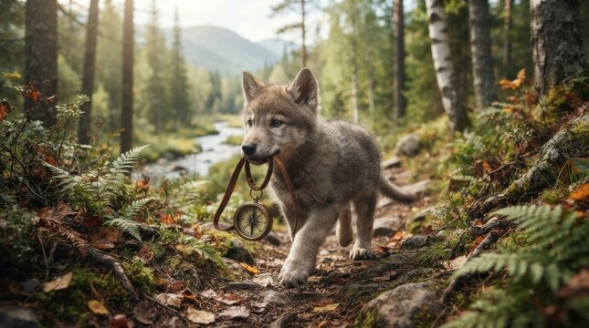 Wolf pup carrying compass on forest trail with river and mountains in background for nature adventure banner and outdoor exploration wallpaper