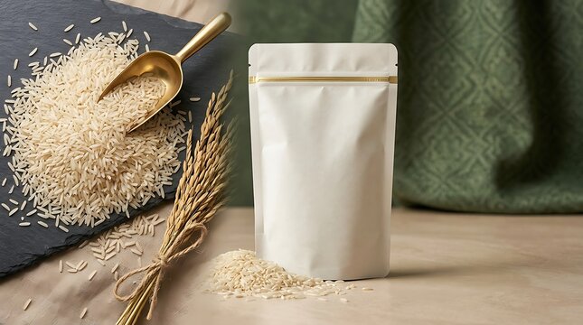 White basmati rice grains with a gold scoop and a blank white pouch on a textured slate surface