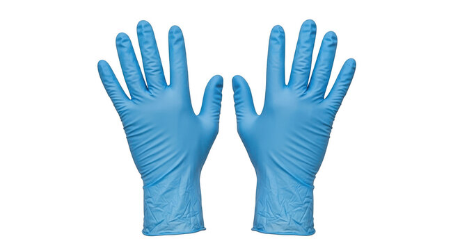 Pair of blue nitrile exam gloves isolated on transparent background