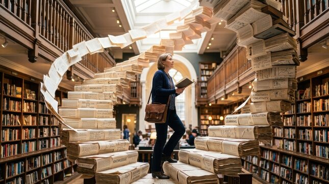 Woman reading in a grand library surrounded by a spiral sculpture of stacked books forming a staircase for education, literature or bookstore background
