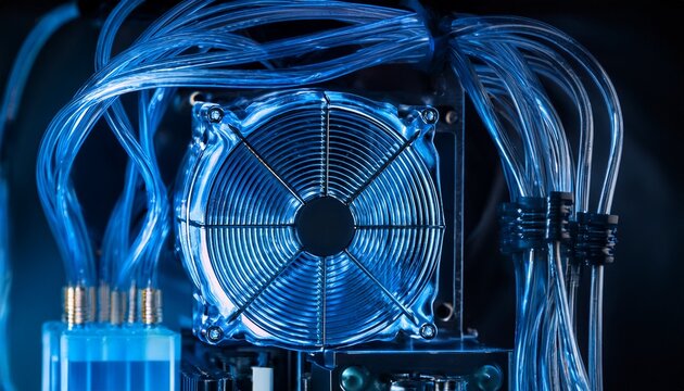 custom pc water cooling system with glowing blue liquid circulating through clear tubes and a pump block showcasing advanced computer hardware
