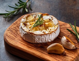 Fototapeta premium baked camembert cheese with garlic and rosemary on rustic wooden board