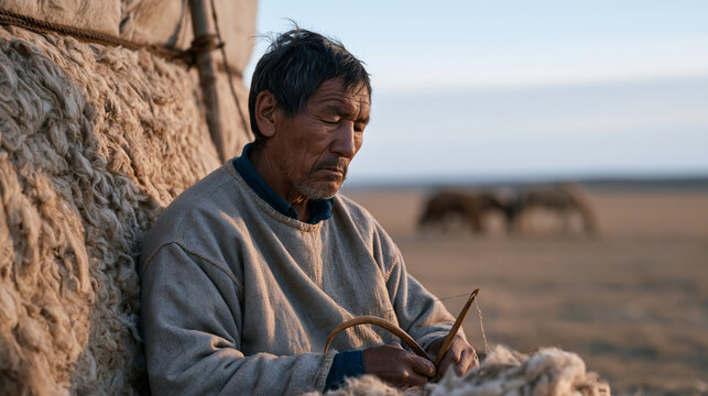 A Mongolian herder repairing a felt panel on the side of a traditional ger with a large curved needle and thread, steppe grassland stretching to the horizon, horses grazing in the