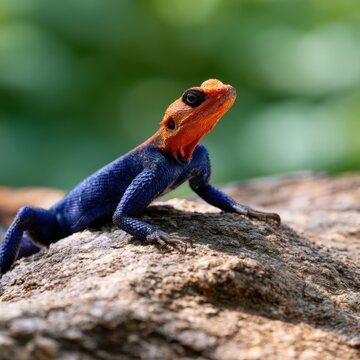 Vibrant orange-headed blue agama lizard perched on a textured rock basking in natural sunlight with a blurred lush green background
