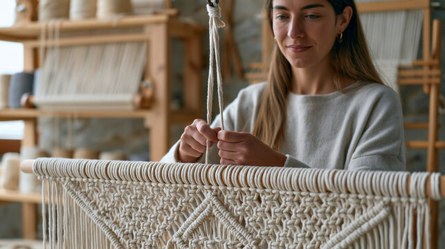 A macrame artist knots cotton cord around a wooden dowel suspended from a ceiling hook, intricate diamond pattern forming below, loom shelf and cord spools arranged behind, fiber