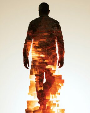 A man is seen taking steps up a staircase that leads into bright light, symbolizing progress and hope in the journey of recovery.