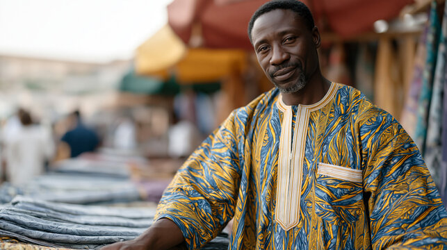 Nigerian textile merchant in vibrant patterned kaftan arranging bolts of ankara fabric on outdoor market stall under colorful awning, West African fashion trade and small business