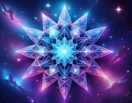 abstract glowing blue and purple geometric snowflake structure in deep space with stars and nebulae