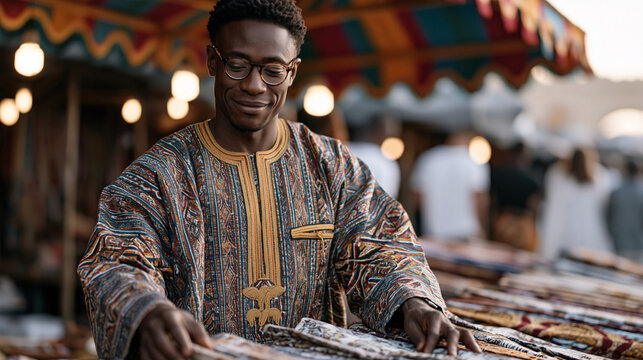 Nigerian textile merchant in vibrant patterned kaftan arranging bolts of ankara fabric on outdoor market stall under colorful awning, West African fashion trade and small business