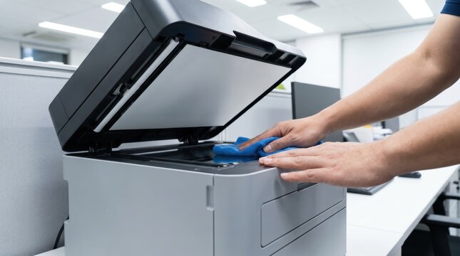 Hands cleaning scanner glass of office printer with blue cloth