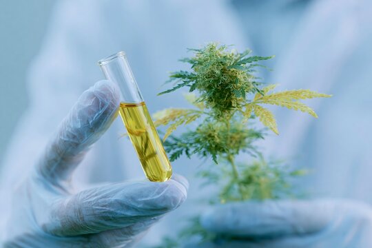 Scientist's gloved hands holding a test tube with yellow liquid next to a cannabis plant, showcasing research in a laboratory setting focused on plant-based compounds