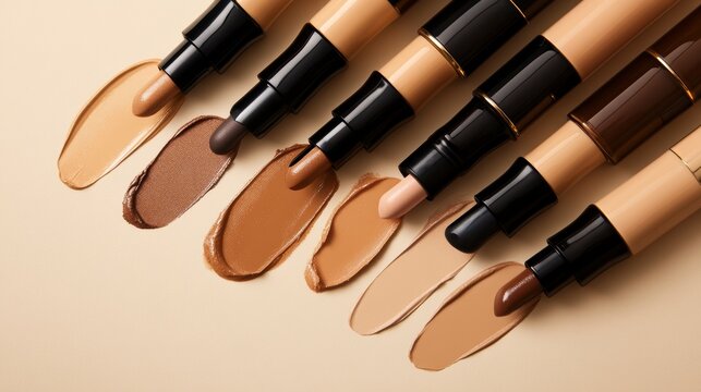 Several shades of creamy foundation makeup swatches displayed with their tubes.