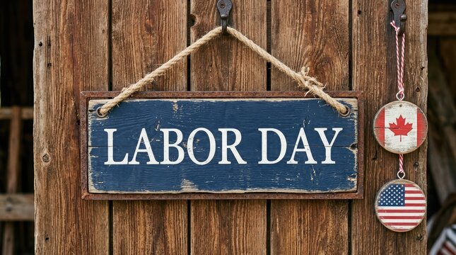 Labor day sign on old rustic wooden door with canadian and american flags decor.