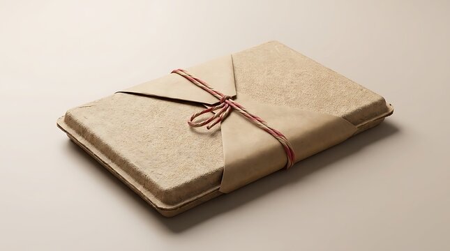 Flat rectangular cardboard package wrapped with red and white string on a neutral background