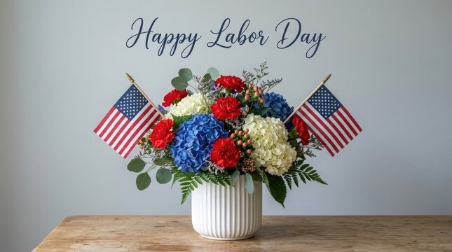 Happy labor day floral arrangement with american flags and text on table.