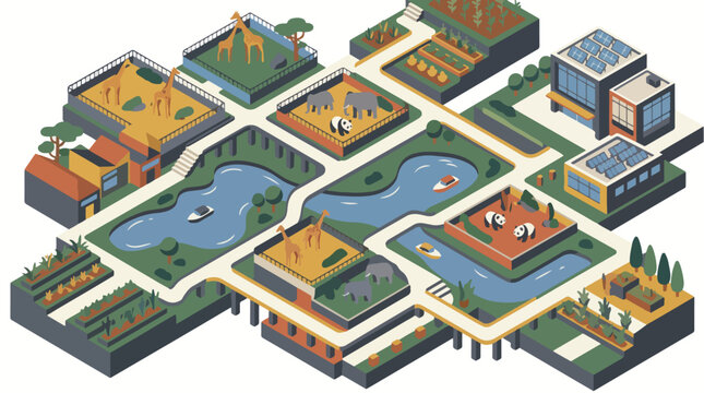 Isometric vector illustration of a modern zoo complex featuring animal enclosures with giraffes pandas elephants and lush green garden areas
